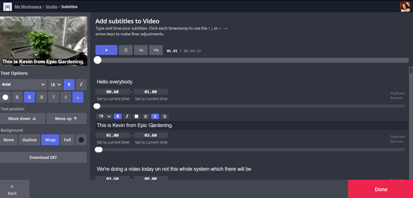 Kapwing Subtitler edit screen